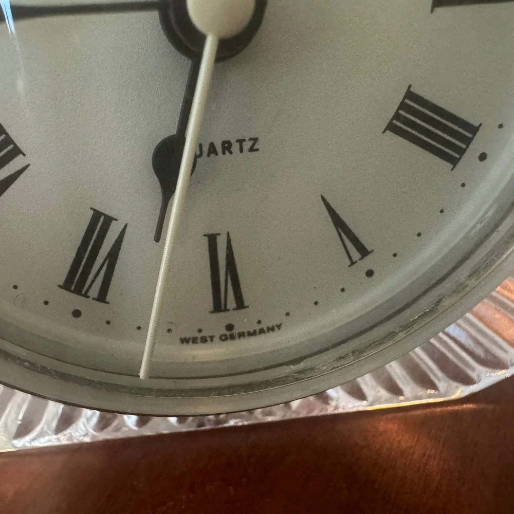 Vintage PS West Germany Quartz Fluted Glass Oval Desk Clock Gold Tone MCM
